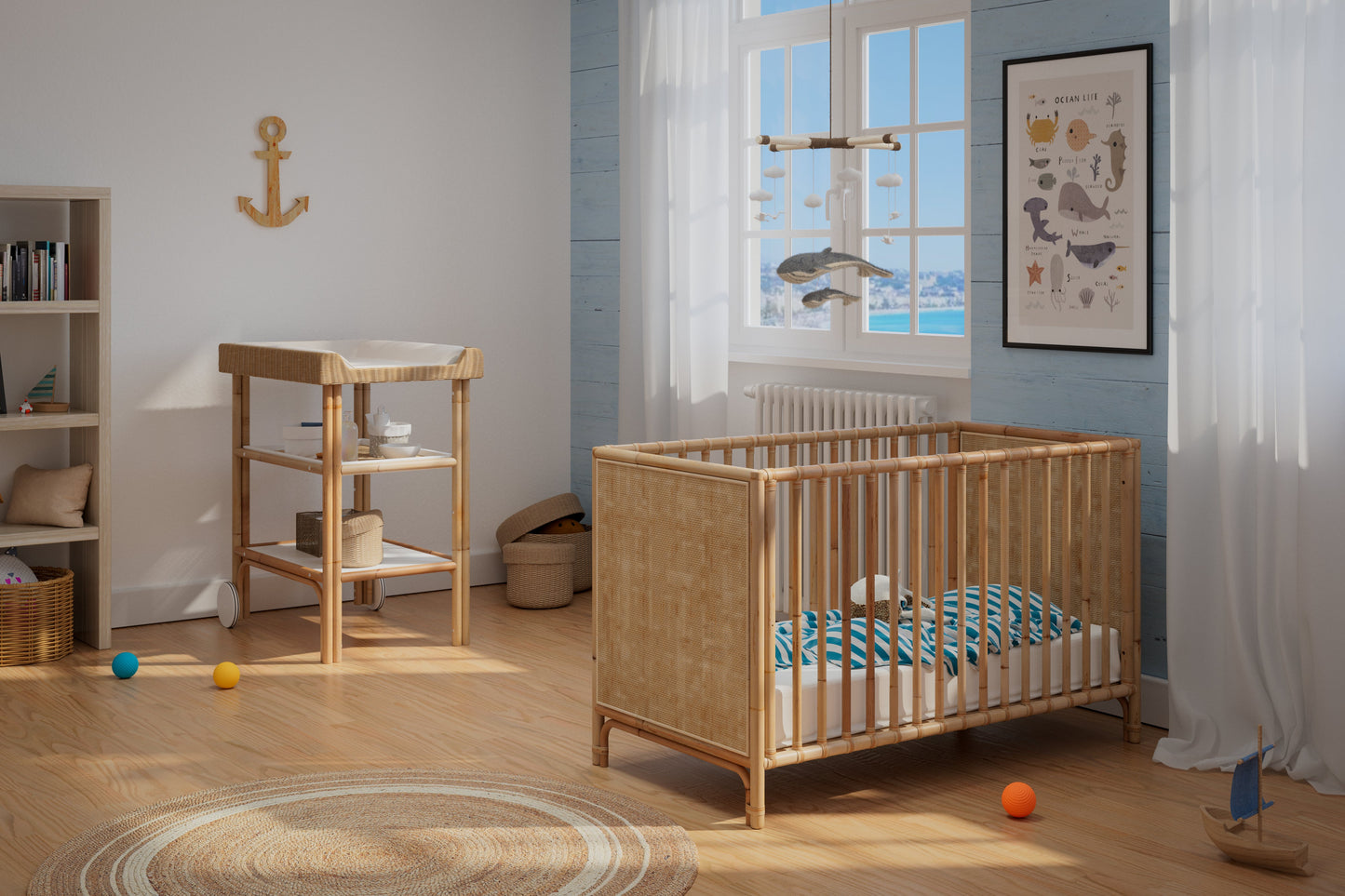 Theo Bebe Nemo Evolutive Rattan Cot- Natural