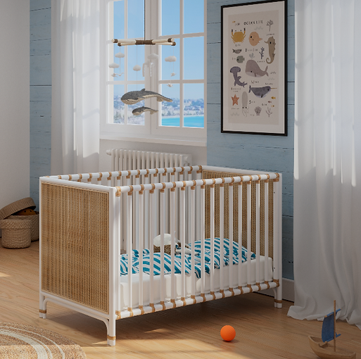 Theo Bebe Nemo Evolutive Rattan Cot- Snow